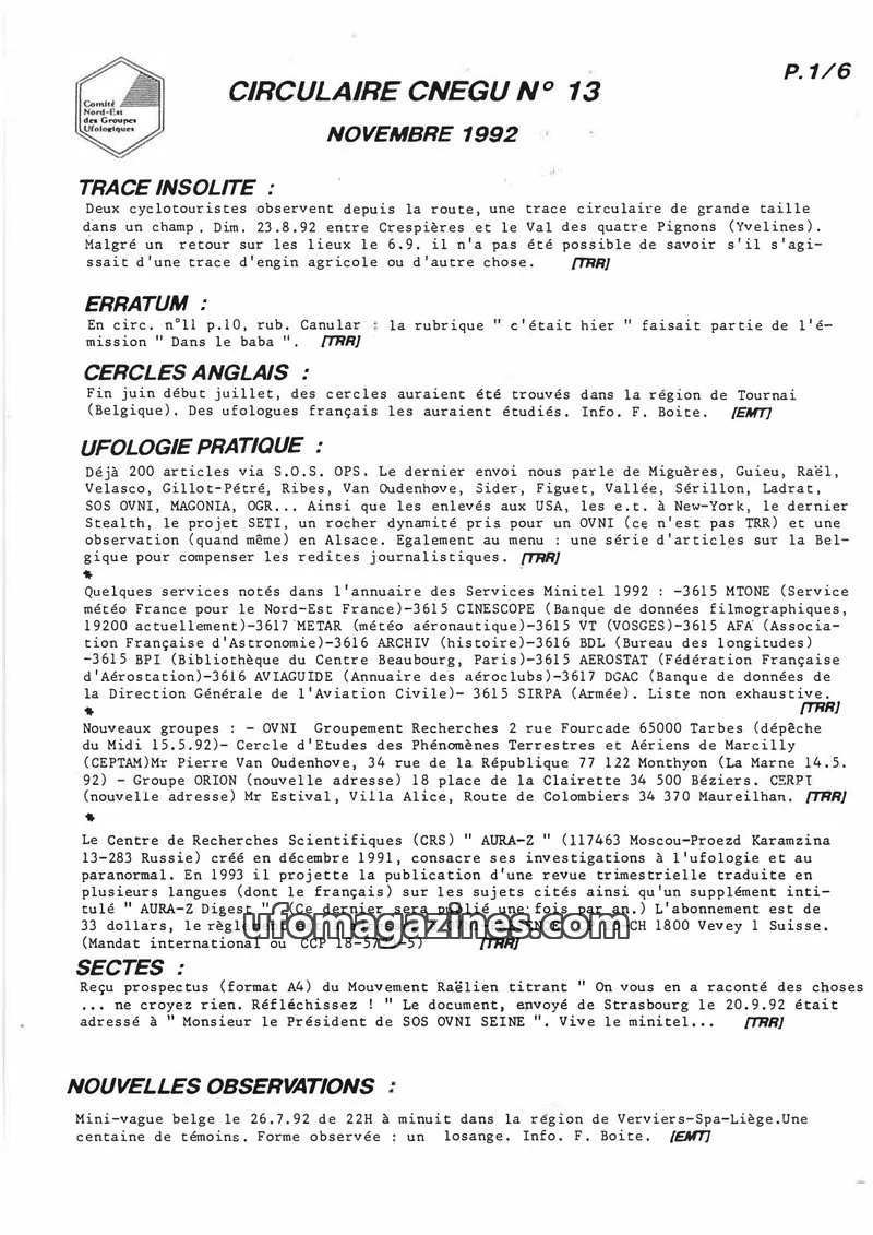 Cover of Comité Nord-Est des Groupes Ufologiques issue 13: CIRCULAIRE CNEGU