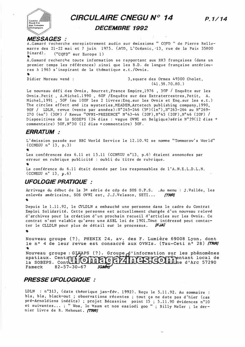 Cover of Comité Nord-Est des Groupes Ufologiques issue 14: CIRCULAIRE CNEGU