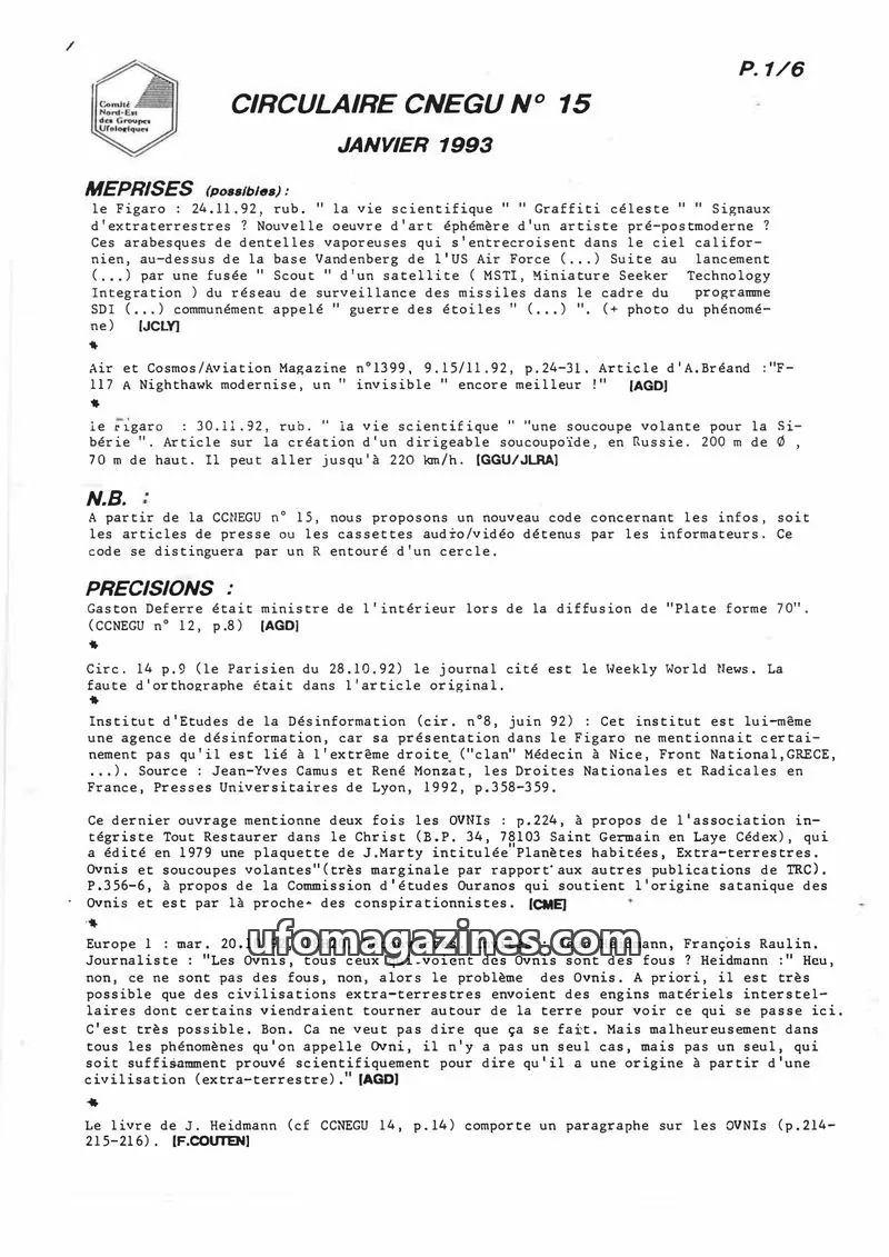 Cover of Comité Nord-Est des Groupes Ufologiques issue 15: CIRCULAIRE CNEGU