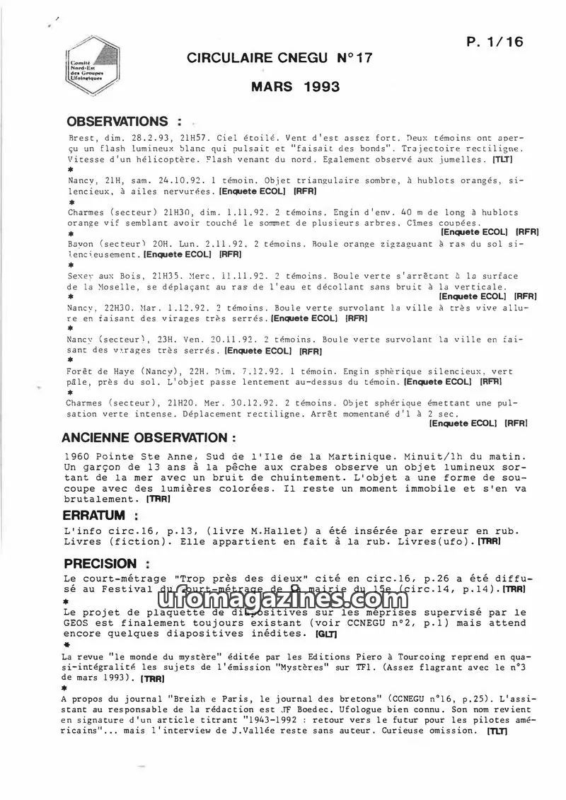 Cover of Comité Nord-Est des Groupes Ufologiques issue 17: CIRCULAIRE CNEGU