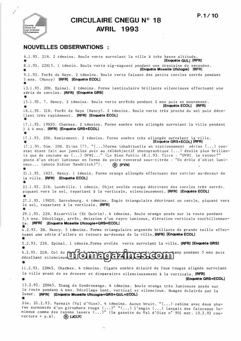 Cover of Comité Nord-Est des Groupes Ufologiques issue 18: CIRCULAIRE CNEGU