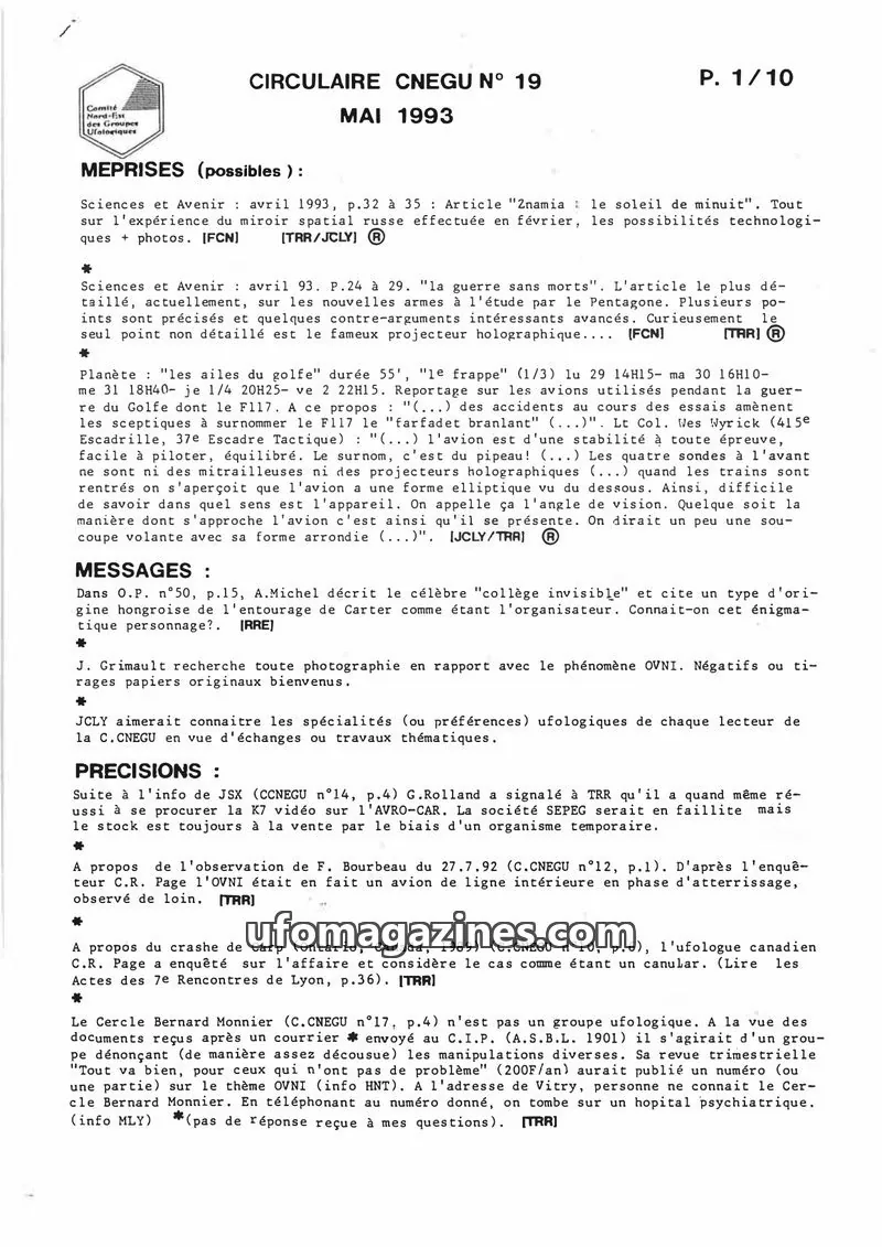 Cover of Comité Nord-Est des Groupes Ufologiques issue 19: CIRCULAIRE CNEGU