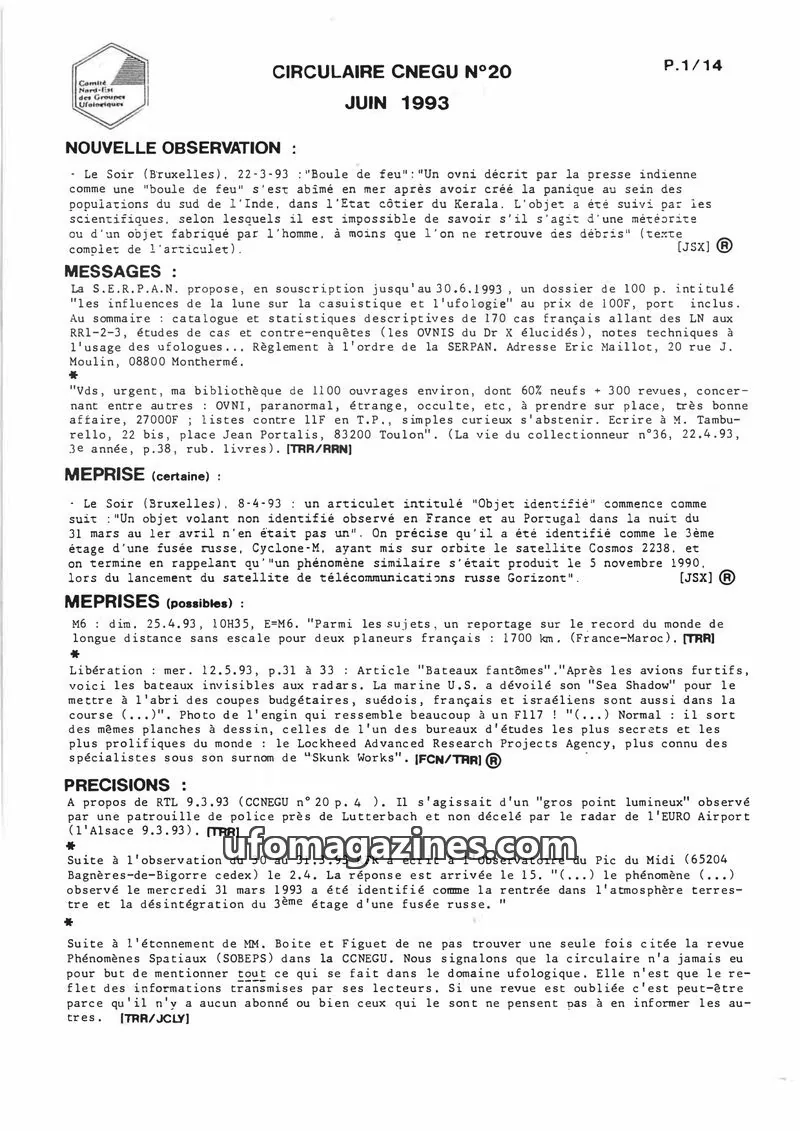 Cover of Comité Nord-Est des Groupes Ufologiques issue 20: CIRCULAIRE CNEGU