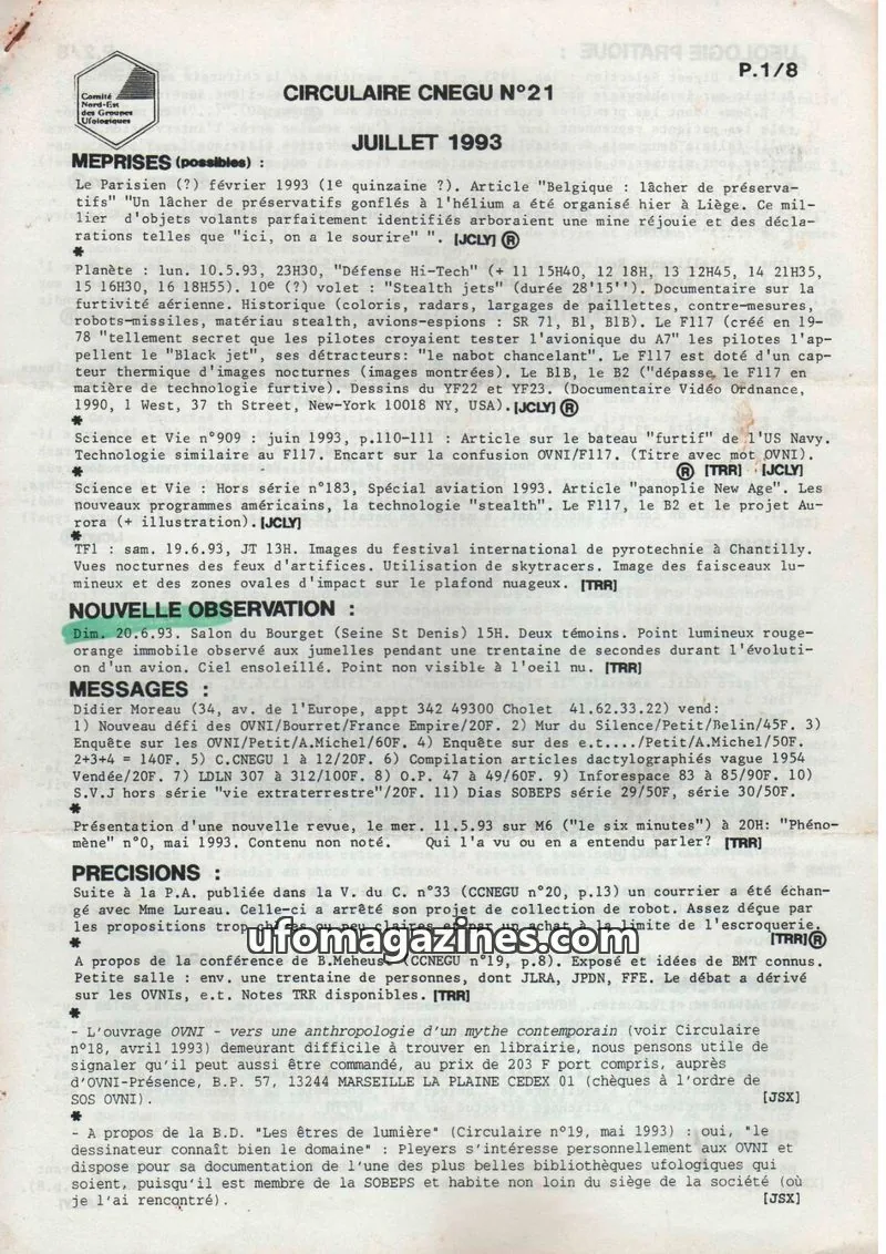 Cover of Comité Nord-Est des Groupes Ufologiques issue N°21: CIRCULAIRE CNEGU