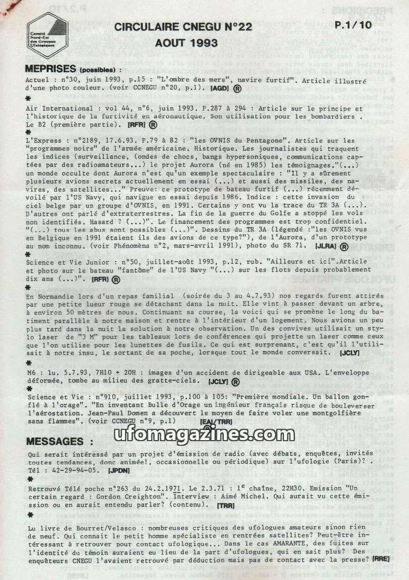 Cover of Comité Nord-Est des Groupes Ufologique issue N°22: CIRCULAIRE CNEGU