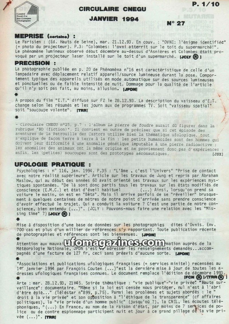 Cover of Comité Nord-Est des Groupes Ufologiques issue N° 27: CIRCULAIRE CNEGU