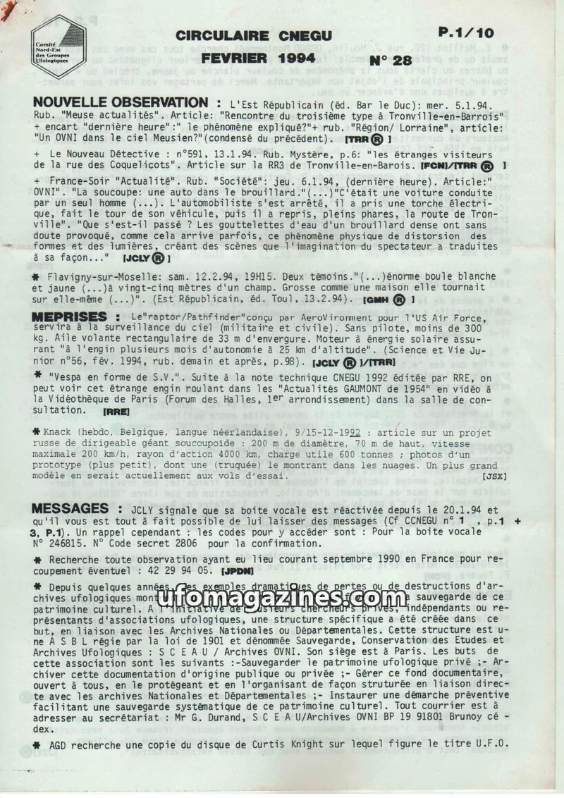 Cover of Comité Nord-Est des Groupes Ufologiques issue N° 28: CIRCULAIRE CNEGU