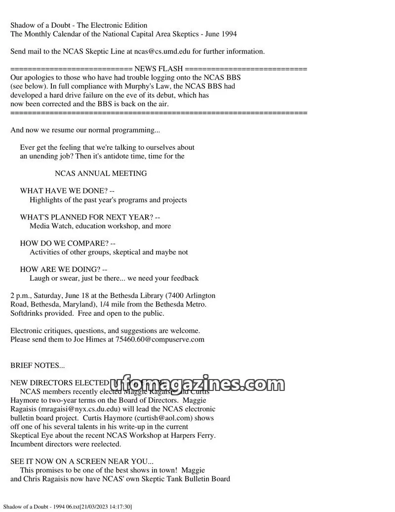 Cover of Shadow of a Doubt (NCAS) issue June 1994: Shadow of a Doubt - The Electronic Edition