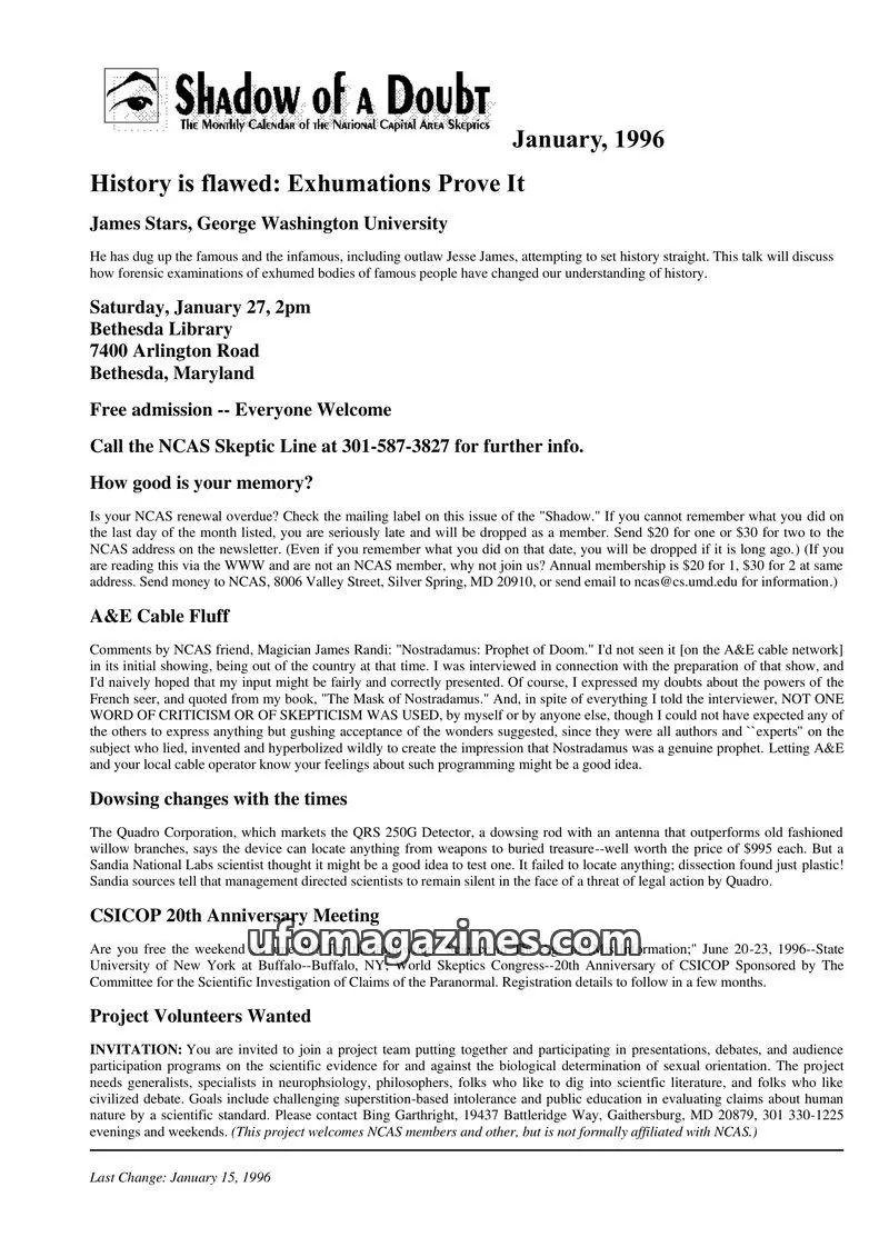 Cover of Shadow of a Doubt (NCAS) issue January, 1996: Shadow of a Doubt