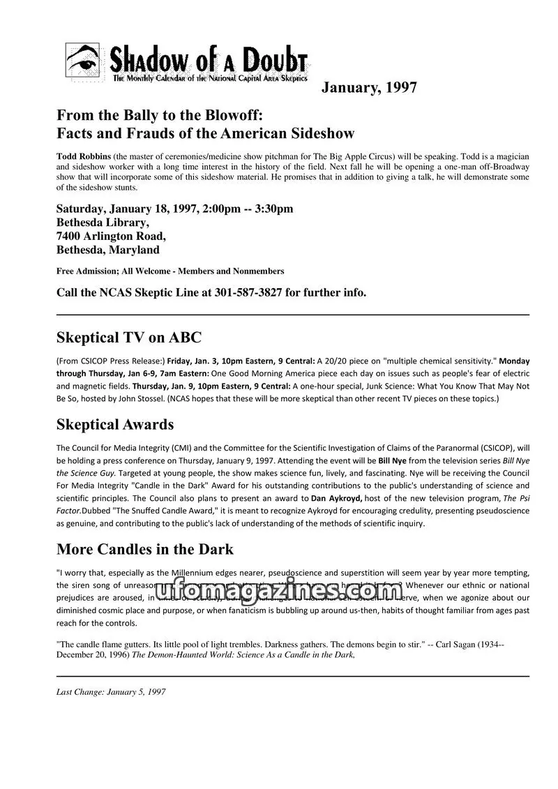 Cover of Shadow of a Doubt (NCAS) issue January, 1997: Shadow of a Doubt