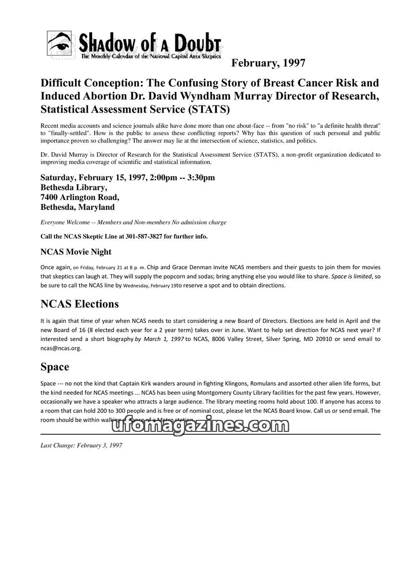 Cover of Shadow of a Doubt (NCAS) issue February, 1997: Shadow of a Doubt