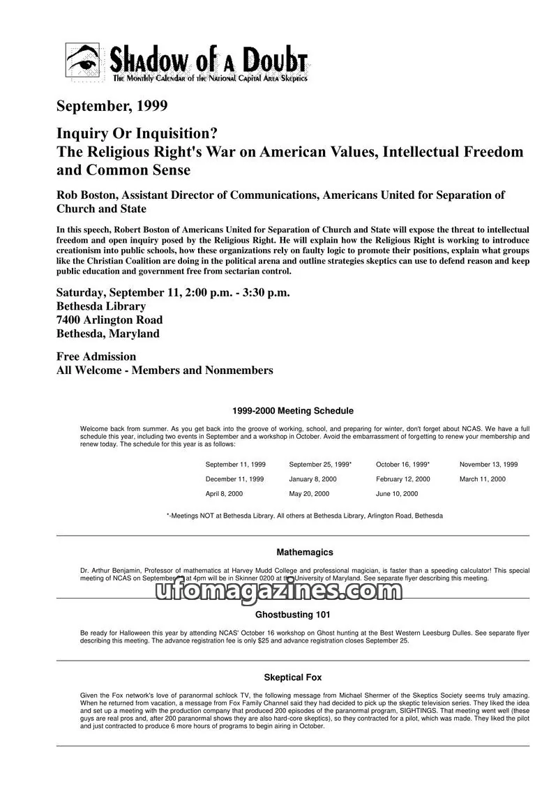 Cover of Shadow of a Doubt (NCAS) issue September, 1999: Shadow of a Doubt