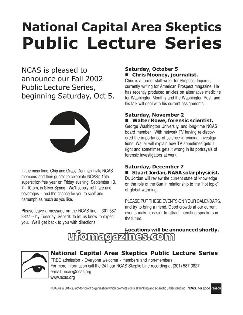 Cover of Shadow of a Doubt (NCAS) issue September 2002: National Capital Area Skeptics Public Lecture Series