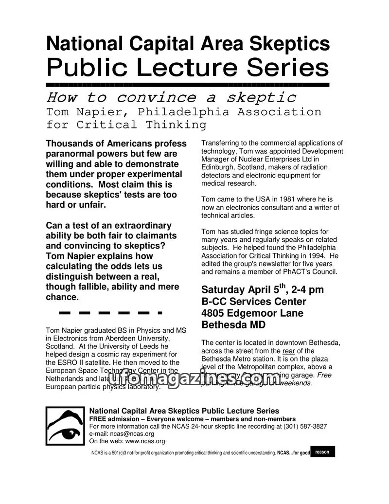 Cover of Shadow of a Doubt (NCAS) issue April 2003: National Capital Area Skeptics Public Lecture Series