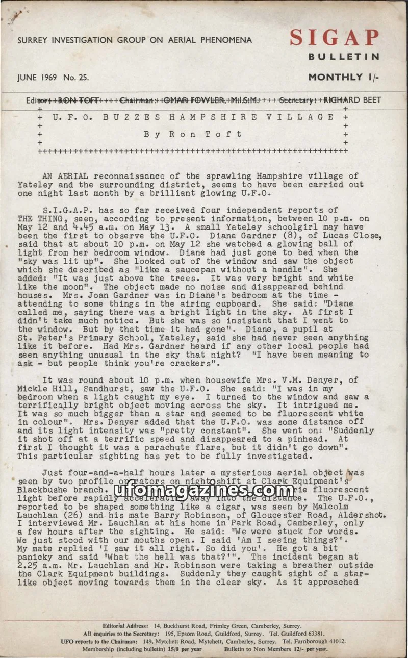 Cover of SURREY INVESTIGATION GROUP ON AERIAL PHENOMENA issue No. 25: SIGAP BULLETIN