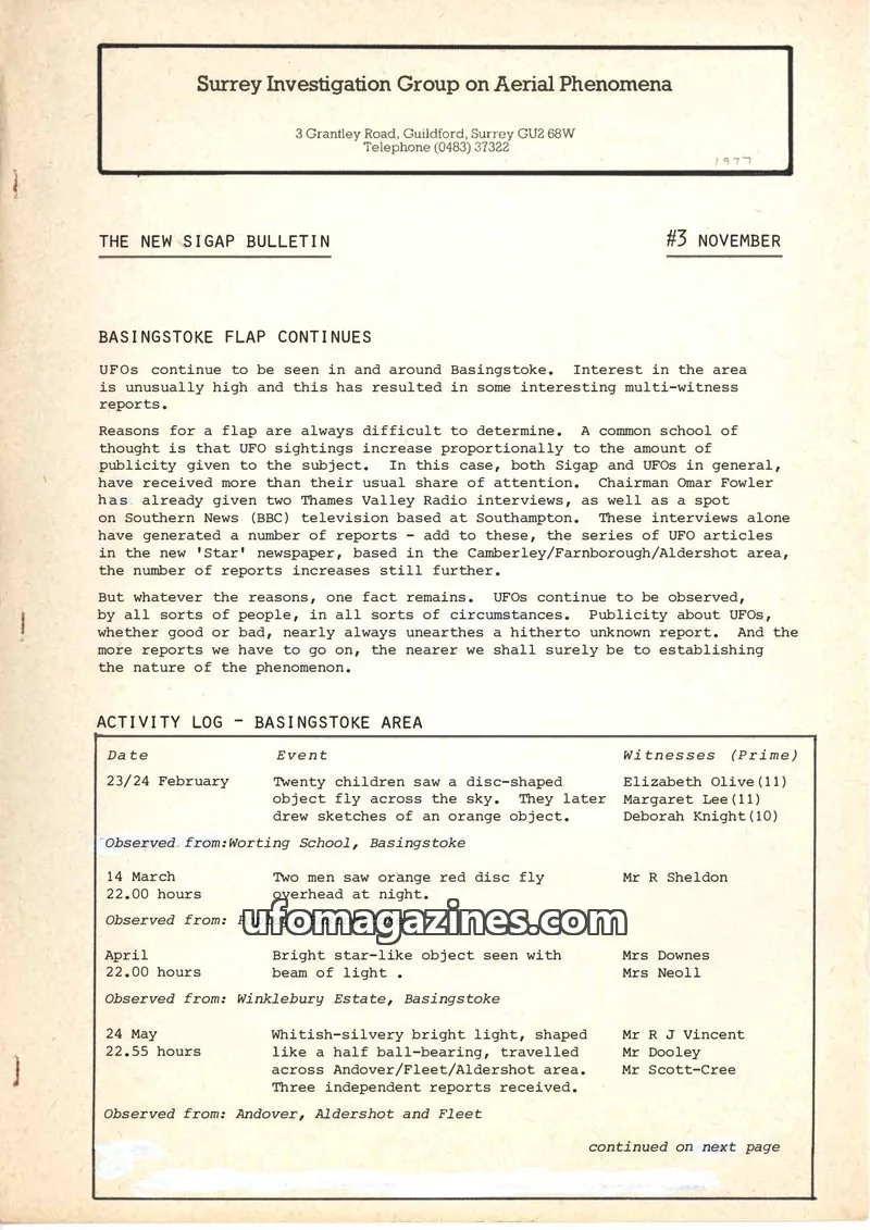 Cover of Surrey Investigation Group on Aerial Phenomena issue #3 NOVEMBER: THE NEW SIGAP BULLETIN