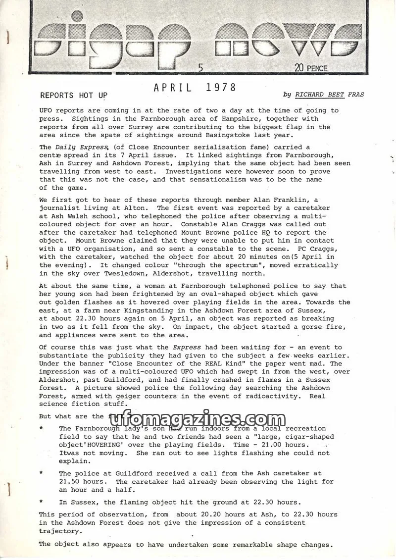 Cover of Surrey Investigation Group on Aerial Phenomena issue April 1978: Sigap News