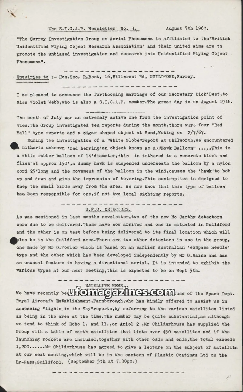 Cover of The Surrey Investigation Group on Aerial Phenomena (S.I.G.A.P.) issue No. 3: The S.I.G.A.P. Newsletter