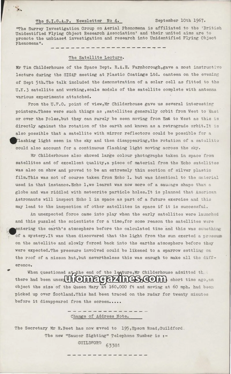 Cover of Surrey Investigation Group on Aerial Phenomena (SIGAP) issue No 4.: The S.I.G.A.P. Newsletter