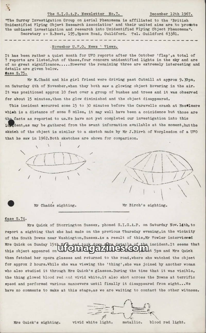 Cover of Surrey Investigation Group on Aerial Phenomena (S.I.G.A.P.) issue No.7: S.I.G.A.P. Newsletter
