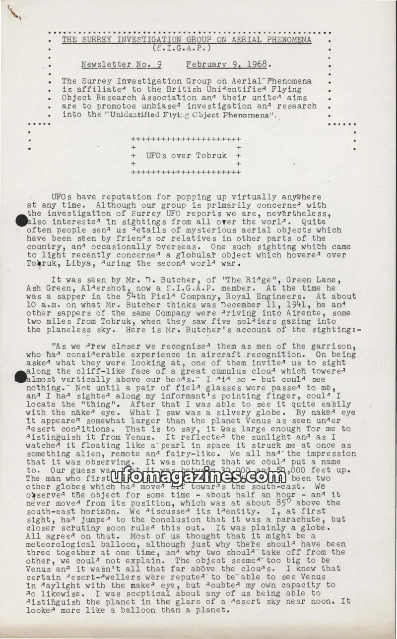 Cover of The Surrey Investigation Group on Aerial Phenomena (S.I.G.A.P.) issue No. 9: Newsletter