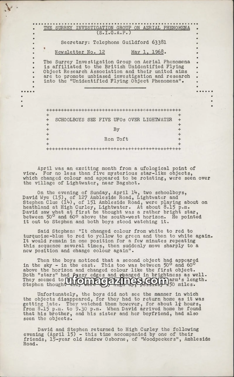 Cover of The Surrey Investigation Group on Aerial Phenomena (S.I.G.A.P.) issue No. 12: THE SURREY INVESTIGATION GROUP ON AERIAL PHENOMENA