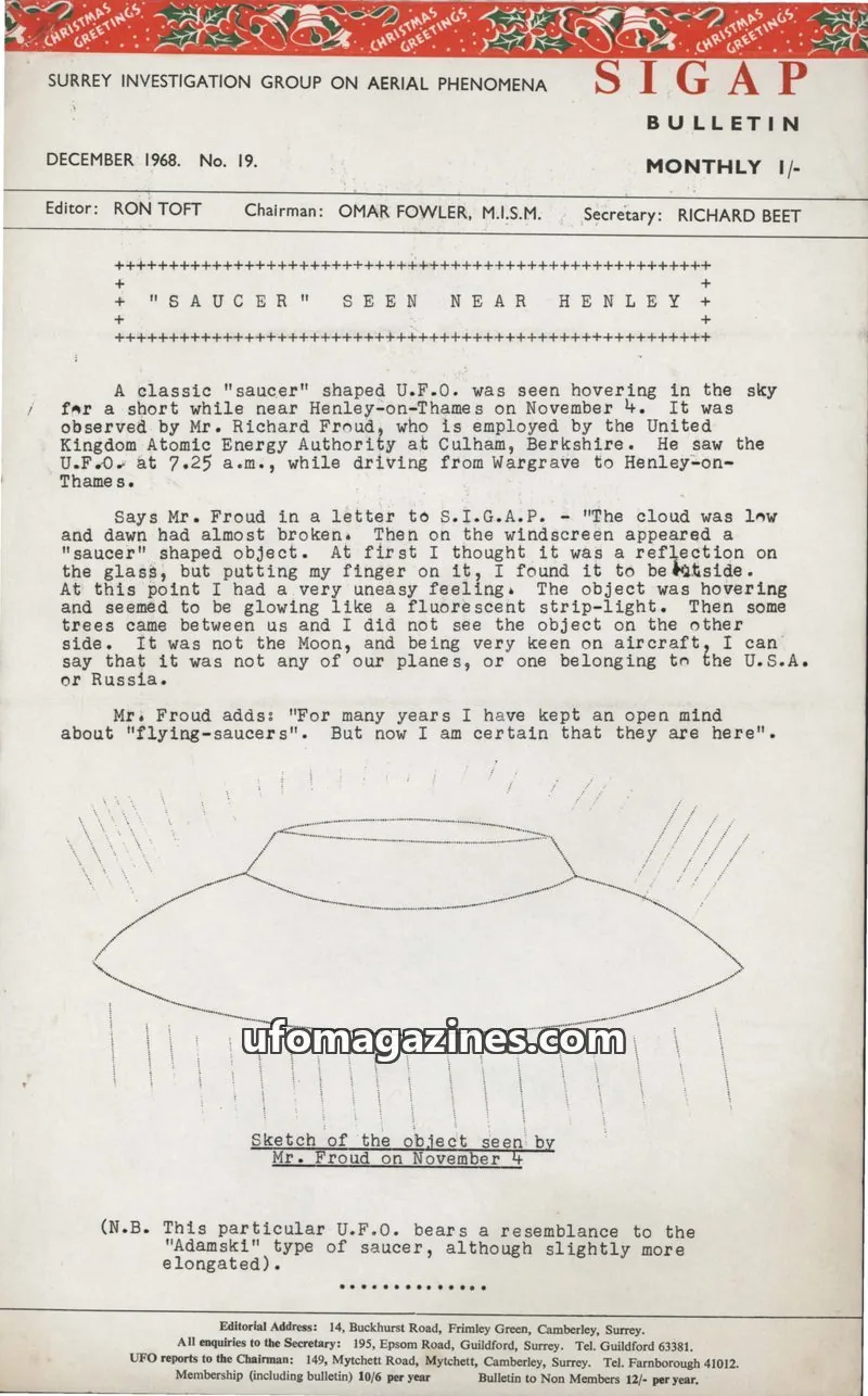 Cover of SURREY INVESTIGATION GROUP ON AERIAL PHENOMENA issue 19: SIGAP BULLETIN