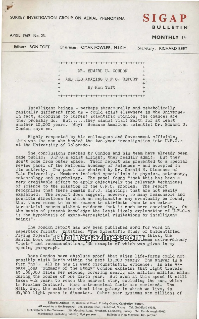 Cover of SURREY INVESTIGATION GROUP ON AERIAL PHENOMENA issue No. 23: SIGAP BULLETIN
