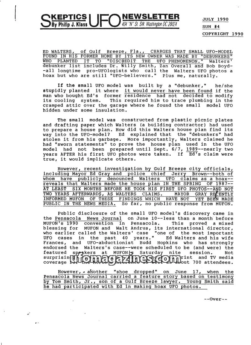 Cover of Skeptic UFO Newsletter (SUN, Philip Klass) issue SUN #4: Skeptics UFO Newsletter