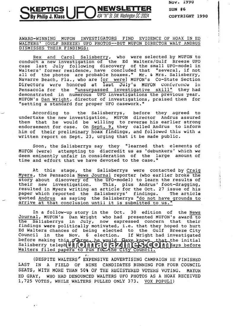Cover of Skeptic UFO Newsletter (SUN, Philip Klass) issue SUN #6: Skeptics UFO Newsletter