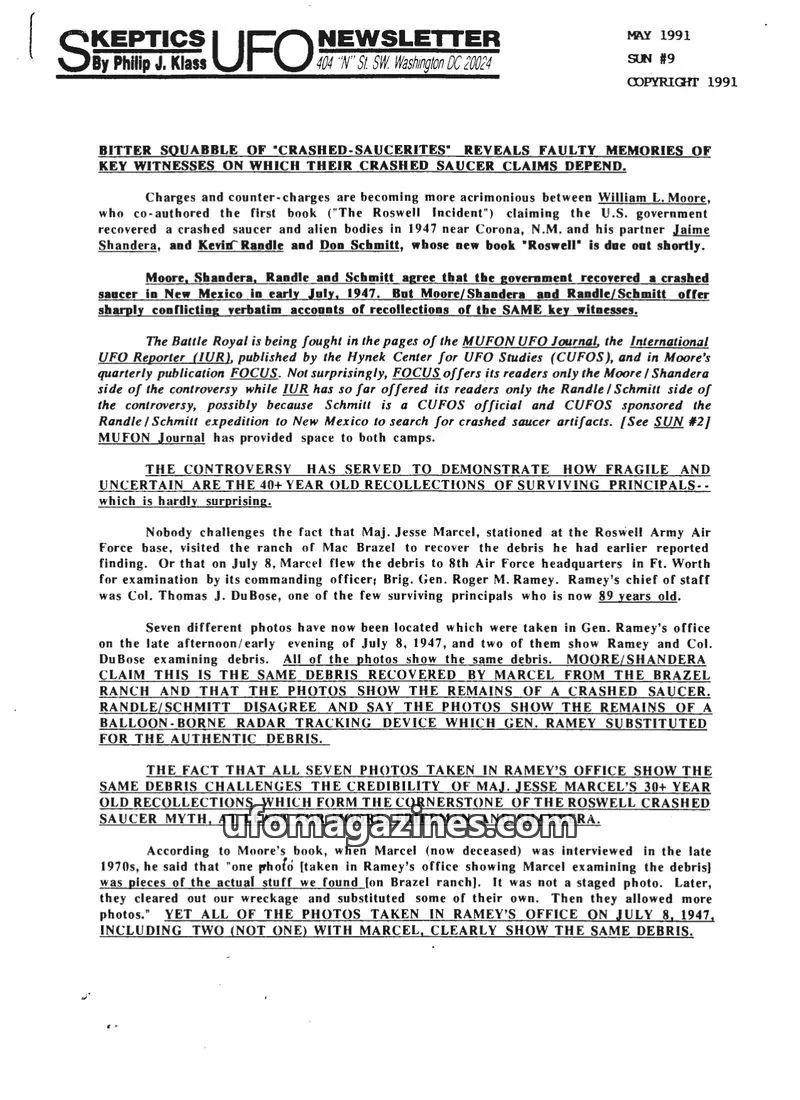 Cover of Skeptic UFO Newsletter (SUN, Philip Klass) issue SUN #9: Skeptics UFO Newsletter