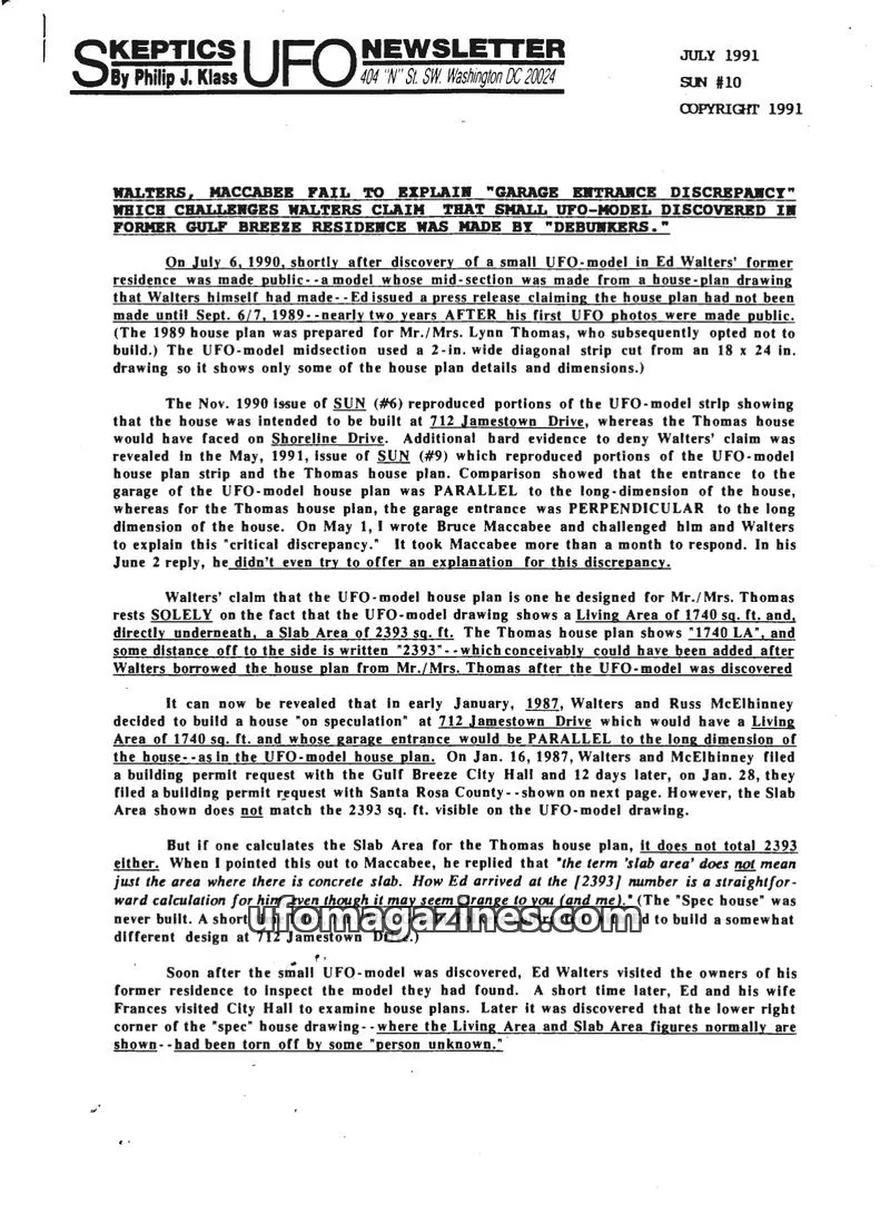 Cover of Skeptic UFO Newsletter (SUN, Philip Klass) issue SUN #10: Skeptics UFO Newsletter