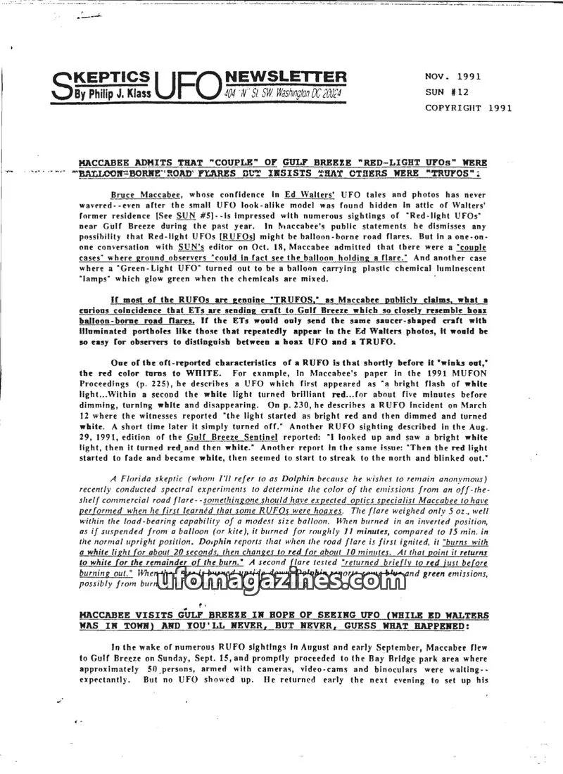 Cover of Skeptic UFO Newsletter (SUN, Philip Klass) issue SUN #12: SKEPTICS UFO NEWSLETTER