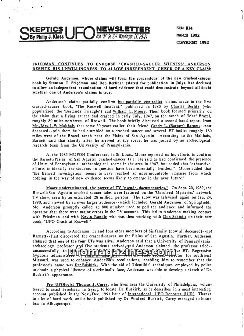 Cover of Skeptic UFO Newsletter (SUN, Philip Klass) issue 14: Skeptics UFO Newsletter