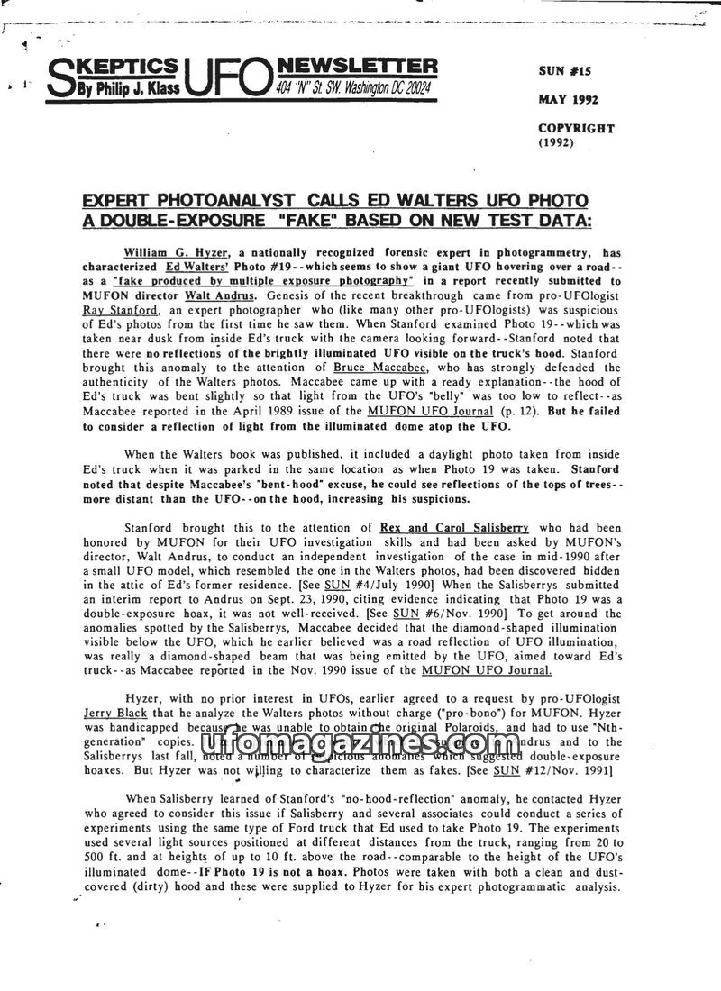 Cover of Skeptic UFO Newsletter (SUN, Philip Klass) issue SUN #15: Skeptics UFO Newsletter