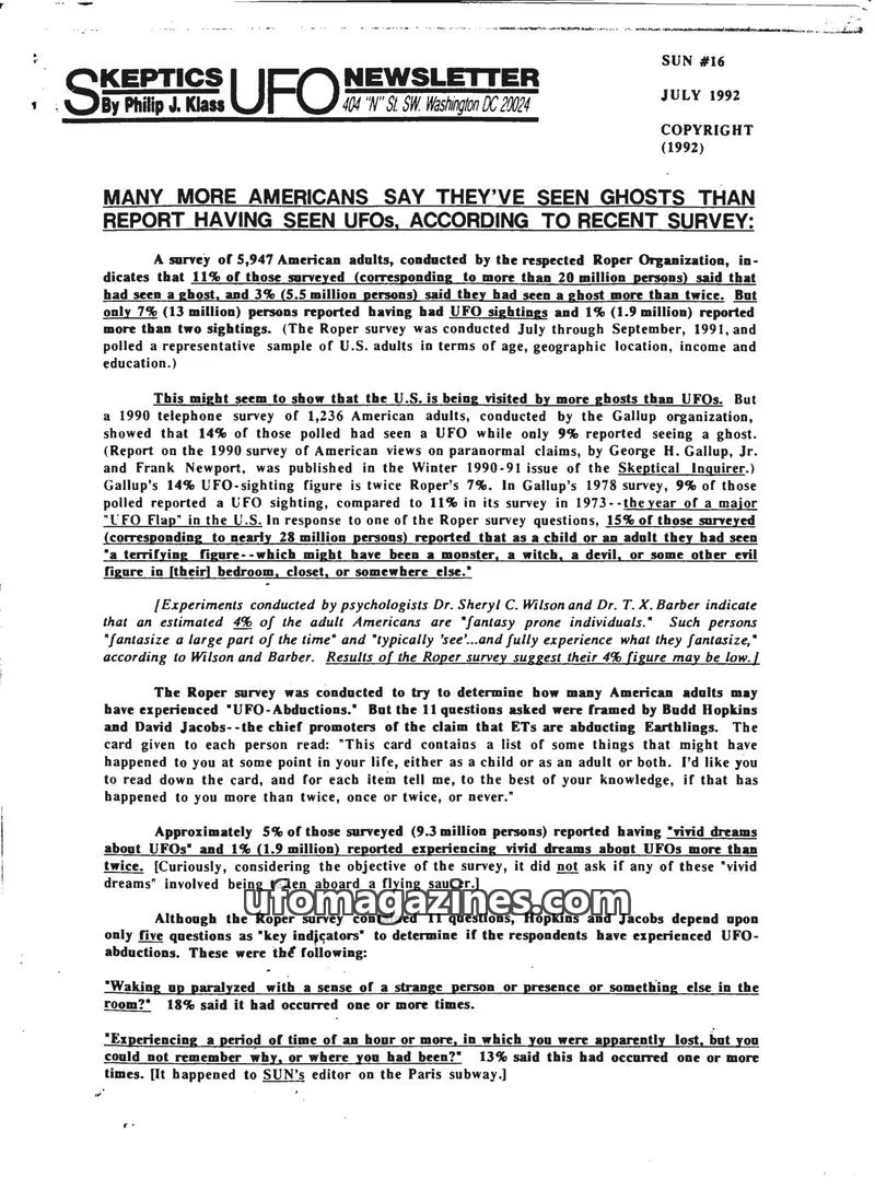 Cover of Skeptic UFO Newsletter (SUN, Philip Klass) issue SUN #16: SKEPTICS UFO NEWSLETTER