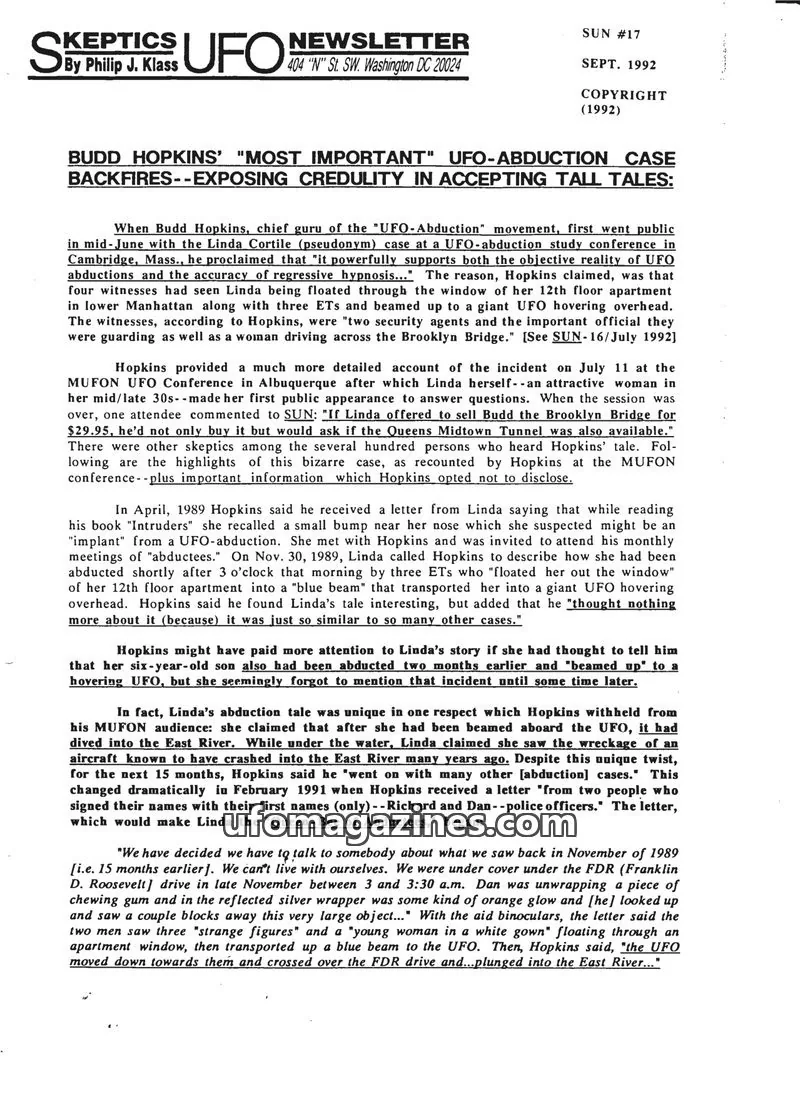 Cover of Skeptic UFO Newsletter (SUN, Philip Klass) issue SUN #17: SKEPTICS UFO NEWSLETTER