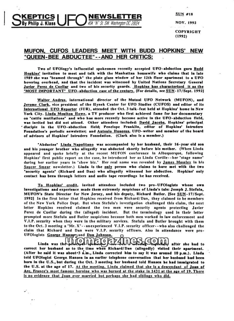 Cover of Skeptic UFO Newsletter (SUN, Philip Klass) issue #18: SKEPTICS UFO NEWSLETTER
