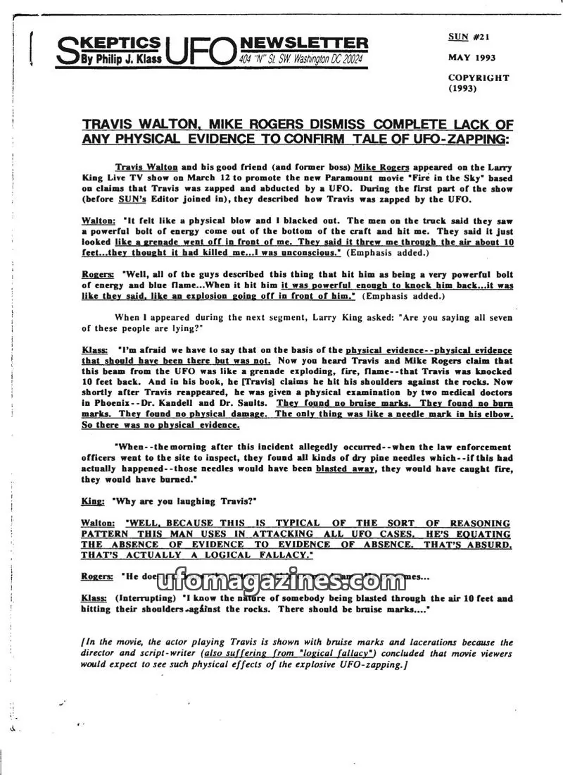 Cover of Skeptic UFO Newsletter (SUN, Philip Klass) issue SUN #21: Skeptics UFO Newsletter