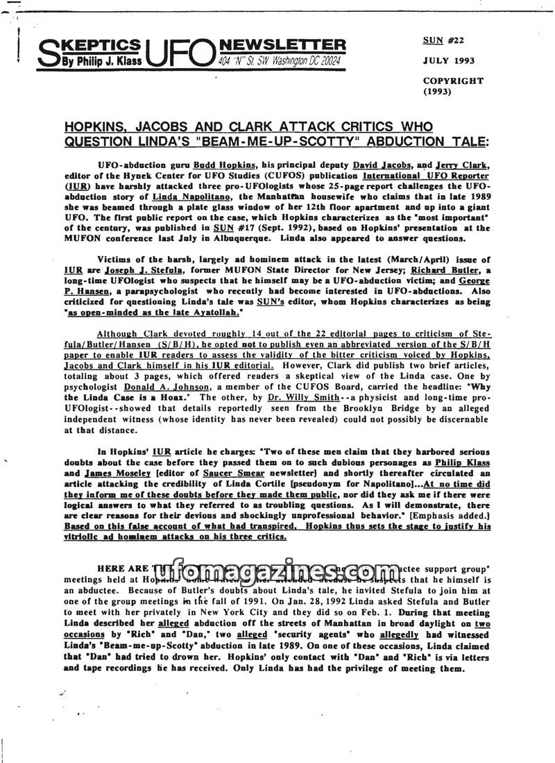Cover of Skeptic UFO Newsletter (SUN, Philip Klass) issue #22: Skeptics UFO Newsletter