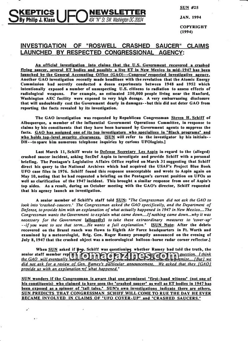 Cover of Skeptic UFO Newsletter (SUN, Philip Klass) issue SUN #25: Skeptics UFO Newsletter