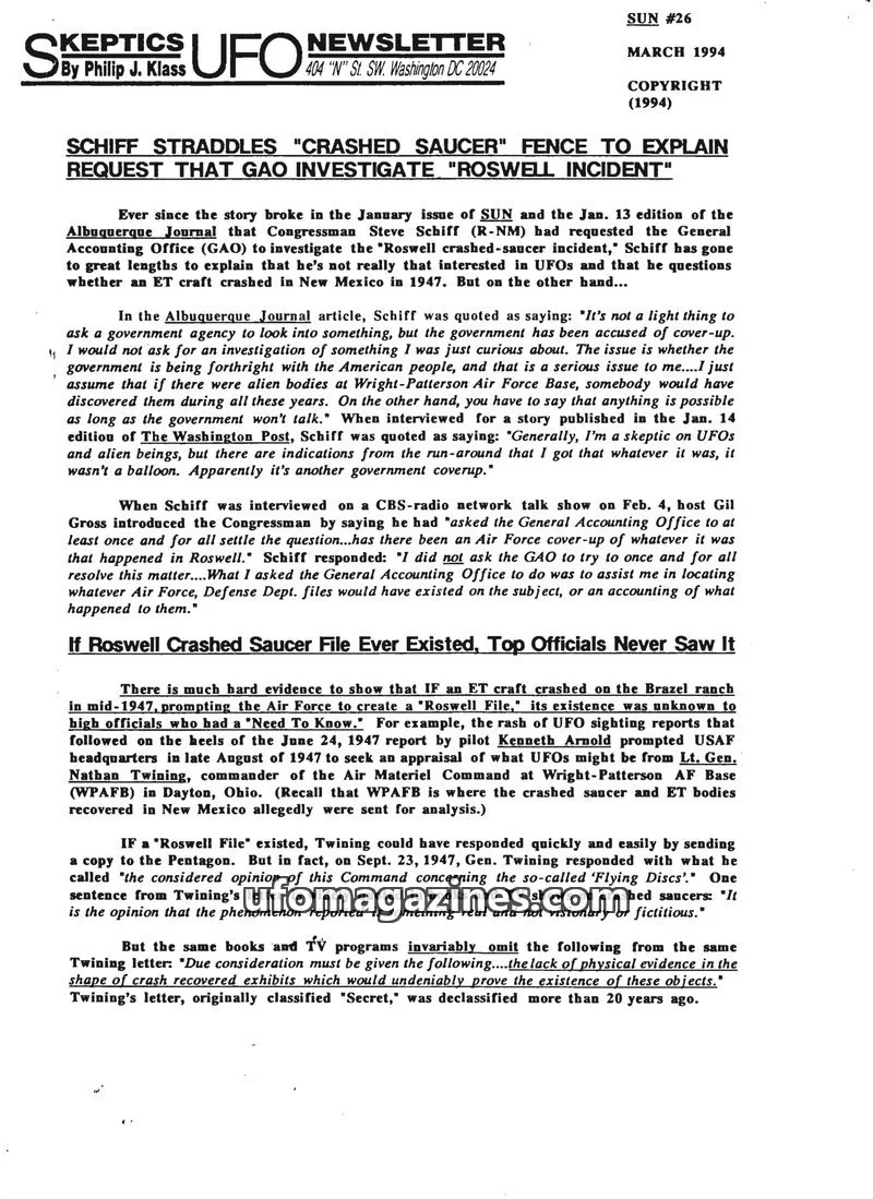 Cover of Skeptic UFO Newsletter (SUN, Philip Klass) issue SUN #26: Skeptics UFO Newsletter