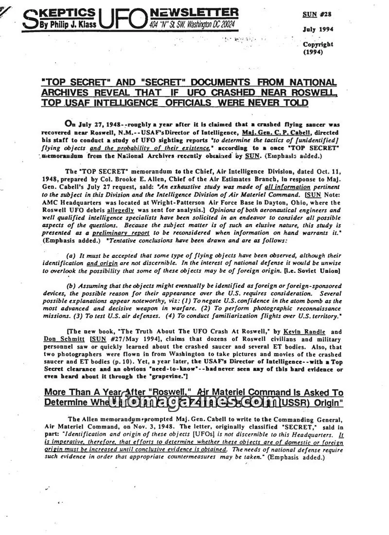 Cover of Skeptic UFO Newsletter (SUN, Philip Klass) issue SUN #28: Skeptics UFO Newsletter