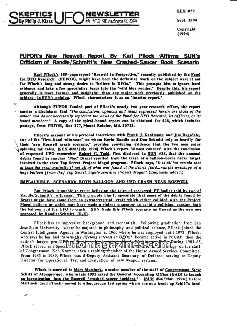 Cover of Skeptic UFO Newsletter (SUN, Philip Klass) issue 29: Skeptics UFO Newsletter