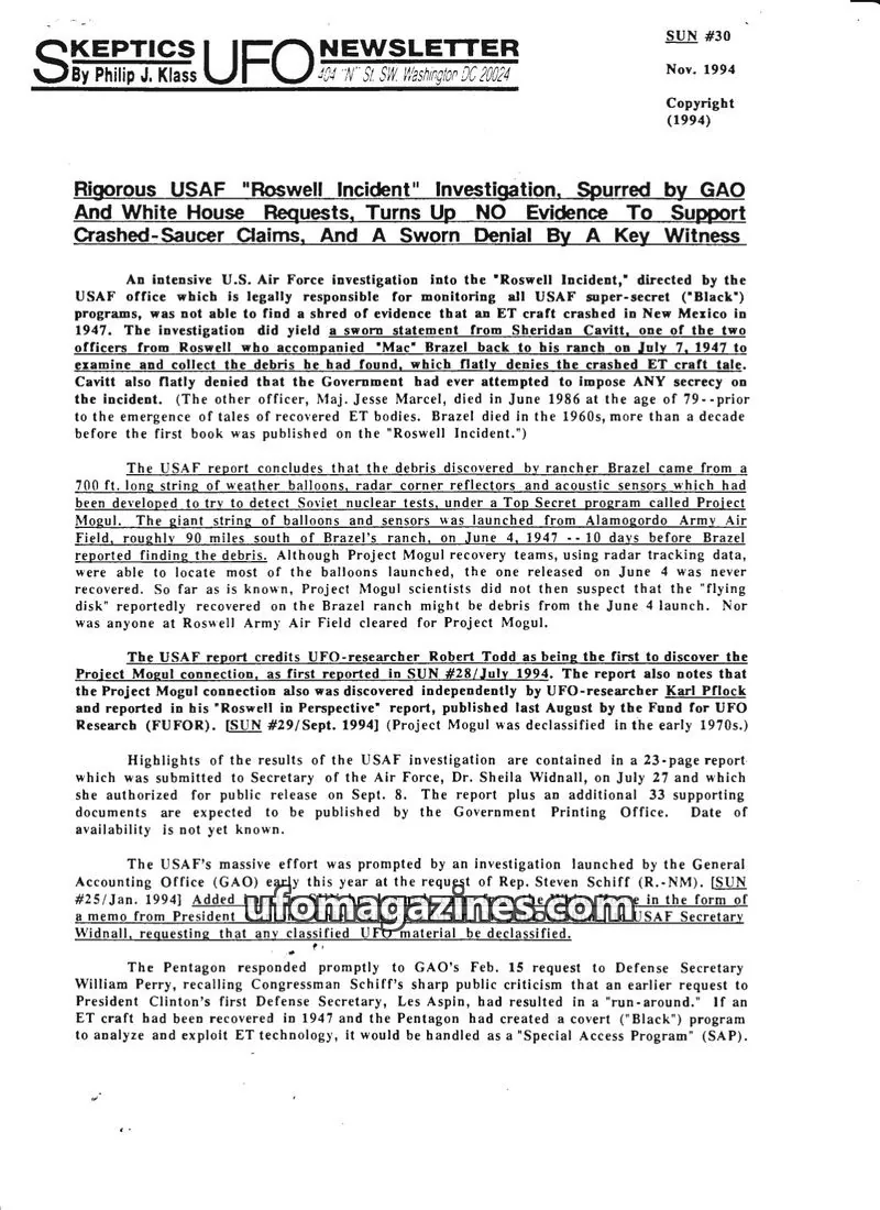 Cover of Skeptic UFO Newsletter (SUN, Philip Klass) issue #30: SKEPTICS UFO NEWSLETTER