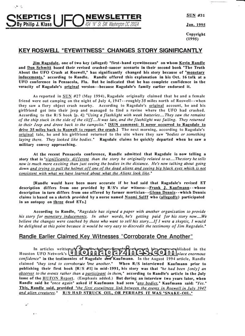 Cover of Skeptic UFO Newsletter (SUN, Philip Klass) issue SUN #31: Skeptics UFO Newsletter