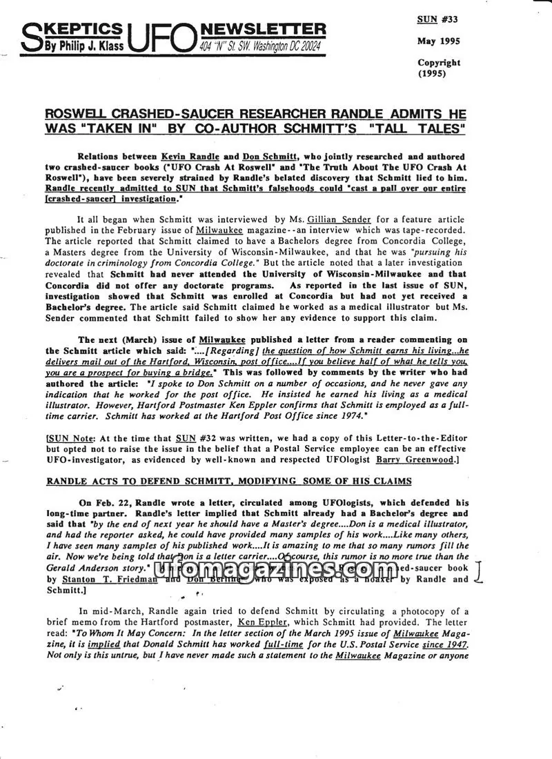 Cover of Skeptic UFO Newsletter (SUN, Philip Klass) issue #33: Skeptics UFO Newsletter