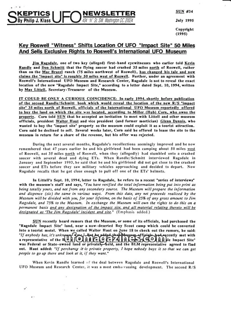 Cover of Skeptic UFO Newsletter (SUN, Philip Klass) issue #34: SKEPTICS UFO NEWSLETTER