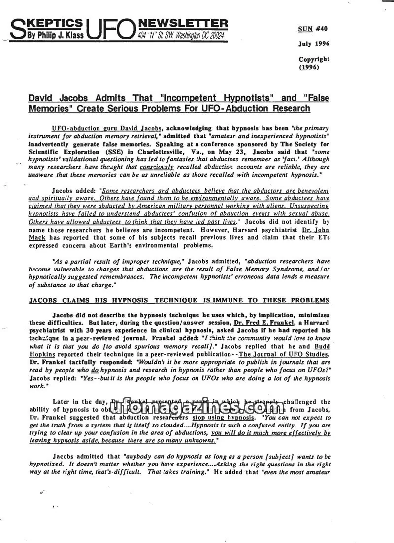 Cover of Skeptic UFO Newsletter (SUN, Philip Klass) issue SUN #40: SKEPTICS UFO NEWSLETTER