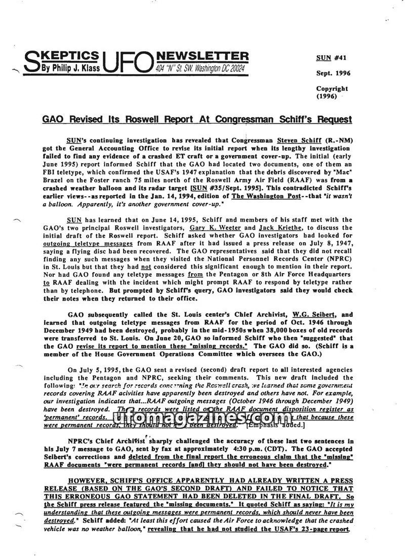 Cover of Skeptic UFO Newsletter (SUN, Philip Klass) issue SUN #41: Skeptics UFO Newsletter